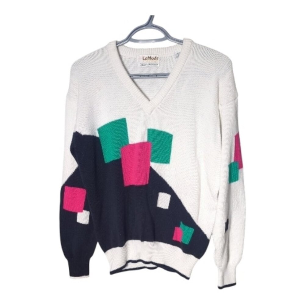 Lady LaMode Vintage 90's Colourblock V Neck Cotton‎ Sweater Size Small